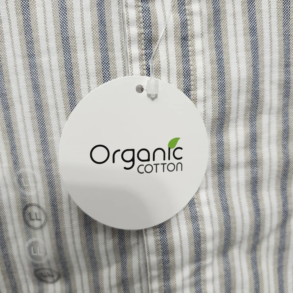 Organic cotton men's button-down shirt large long stripped cream and blue - Picture 3 of 9